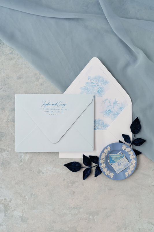 Elegant and Formal Wedding Invitation with Hydrangea Watercolor Envelope Liner - Botanical, Garden, Floral - White, Pale / Cool Blue