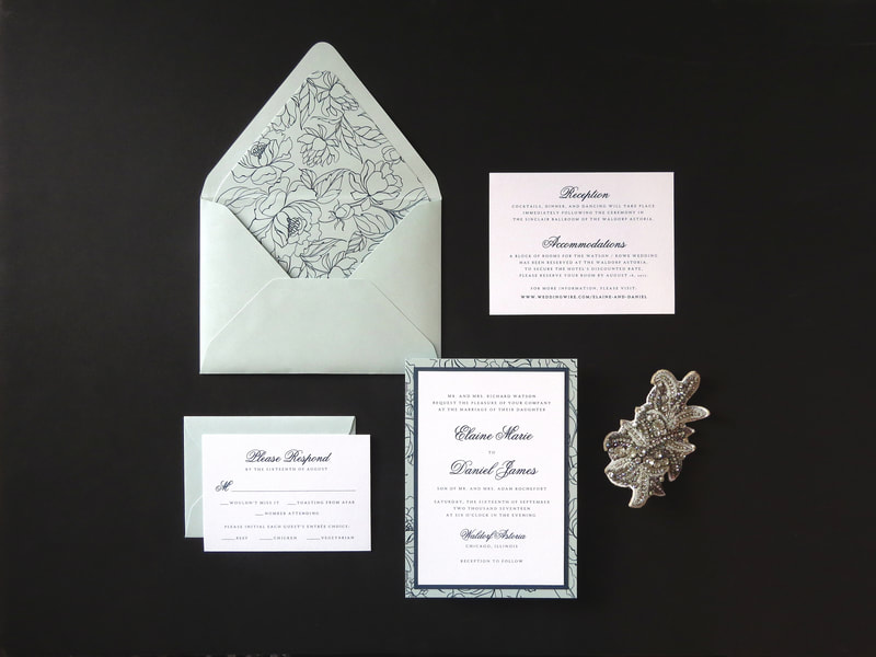 elegant and formal delicate floral design layered wedding invitation in white, aqua, and navy with envelope liner - chicago wedding invitations