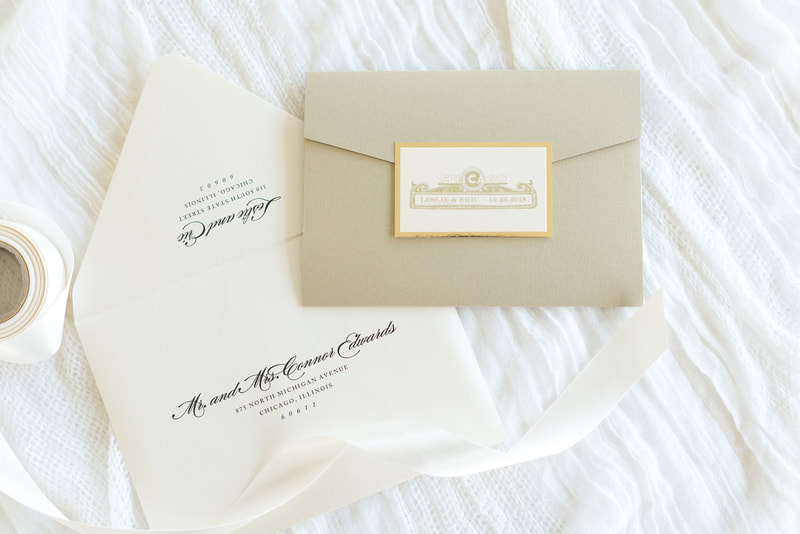 elegant formal chicago skyline wedding invitation chicago theatre theater sign - champagne ivory shimmer gold foil pocket invite