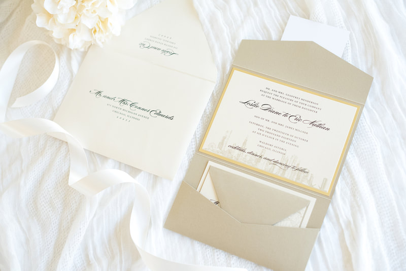 elegant formal chicago skyline wedding invitation chicago theatre theater sign - champagne ivory shimmer gold foil pocket invite