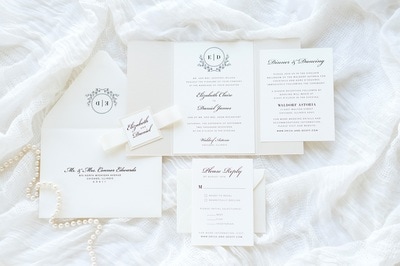 elegant & formal layered gatefold wedding invitation in cream, ivory, opal / champagne shimmer with ribbon belly band and monogram square - chicago wedding invitations