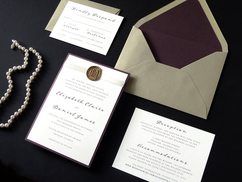elegant and formal wax seal wedding invitation in ivory, gold, and merlot metallic with ribbon and wax seal embellishment - chicago wedding invitations