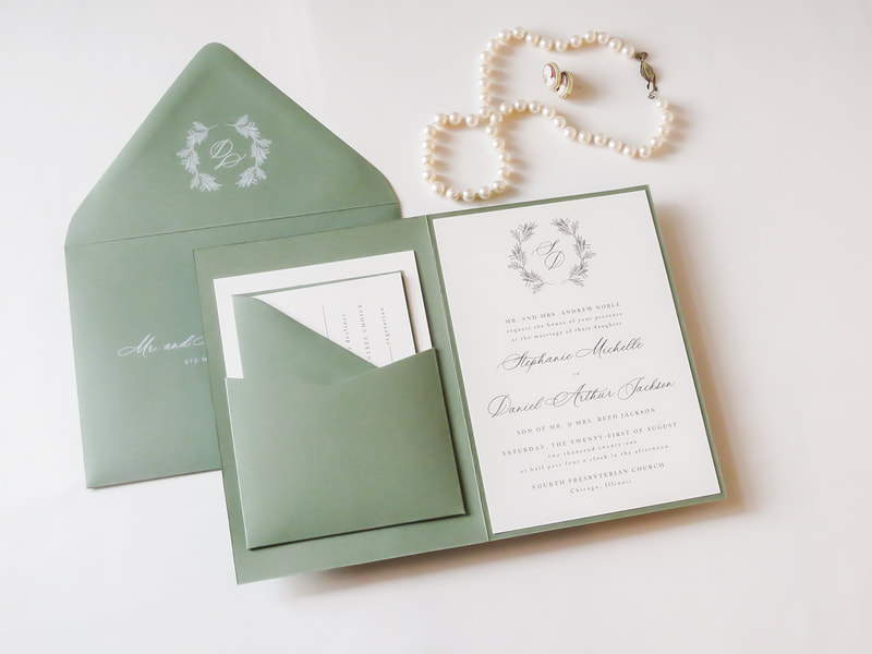 Elegant & Formal Romantic Wedding Invitation with Folding Pocket - Eucalyptus, Sage, Rustic, Botanic Green - Monogram Wreath Crest - Romantic Calligraphy Style Script - White Printing on Envelopes