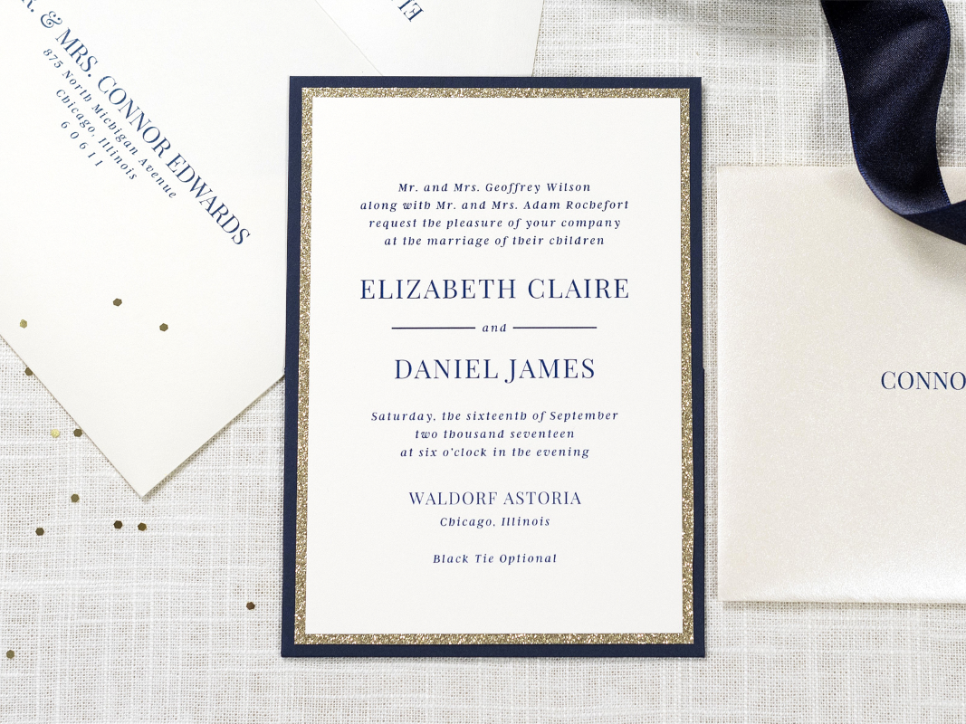 Elegant, Formal, and Modern Panel Pocket Wedding Invitation - Layered with Ivory, Gold Glitter, Navy Blue, and Opal Champagne