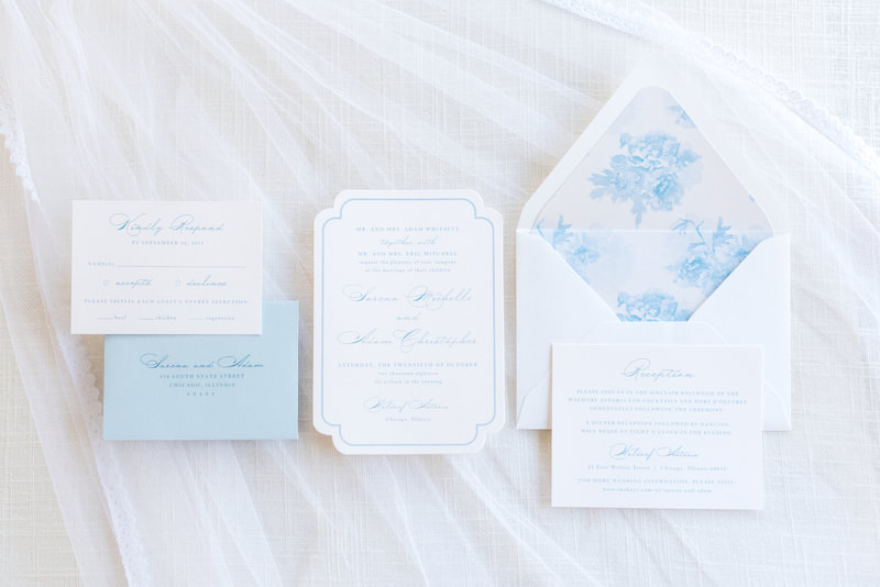 elegant & formal wedding invitation with ornate border in white, light dusty blue / cool grey - botanical, garden, floral