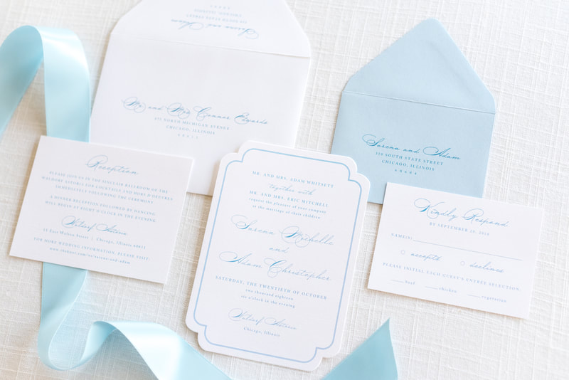 elegant & formal wedding invitation with ornate border in white, light dusty blue / cool grey - botanical, garden, floral