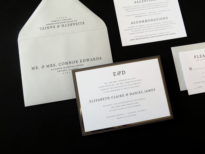 modern and formal layered white, silver foil, cool grey and dark grey shimmer wedding invitation with elegant modern monogram - chicago wedding invitations