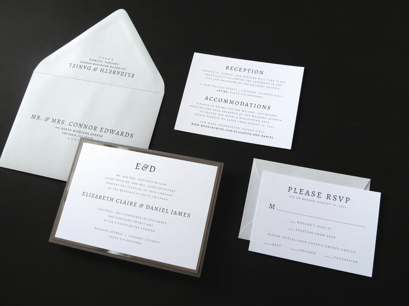 modern and formal layered white, silver foil, cool grey and dark grey shimmer wedding invitation with elegant modern monogram - chicago wedding invitations