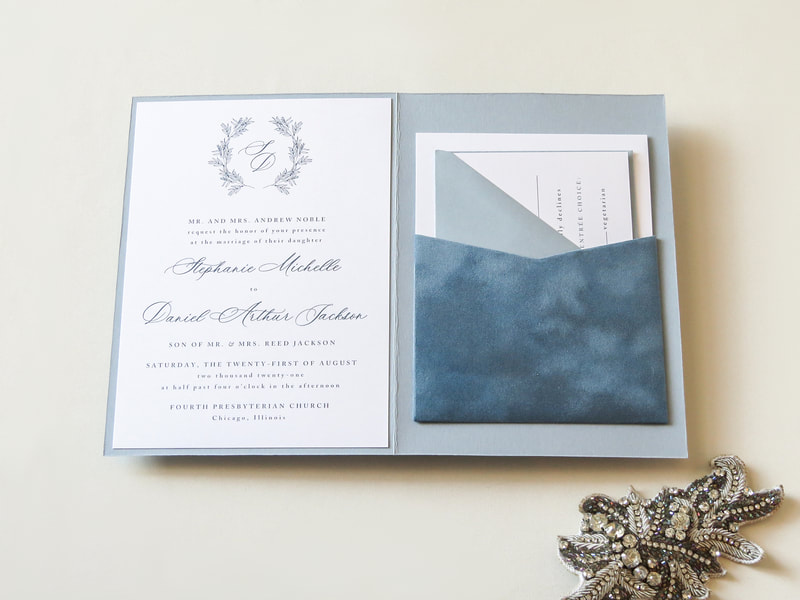 Elegant Romantic Formal Wedding Invitation Folding Velvet Pocket - Dusty French Blue White Wreath Monogram Crest - Romantic Calligraphy Invite