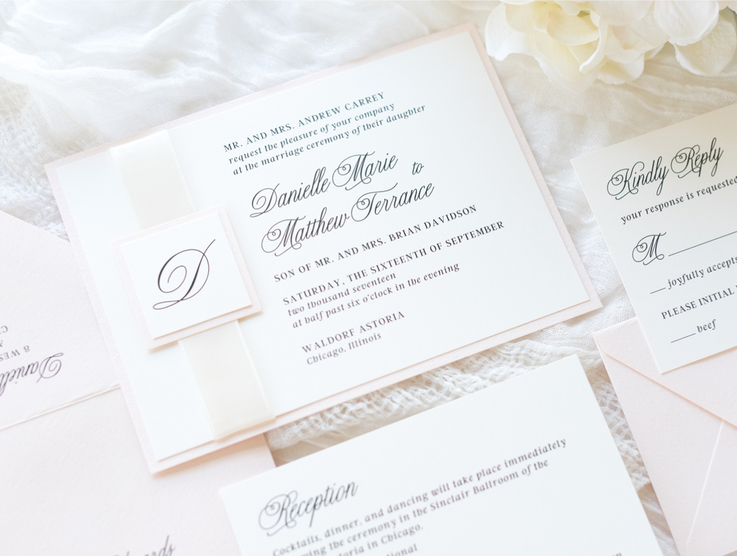 elegant & formal wedding invitation in blush and ivory with satin ribbon band and monogram square - chicago wedding invitations