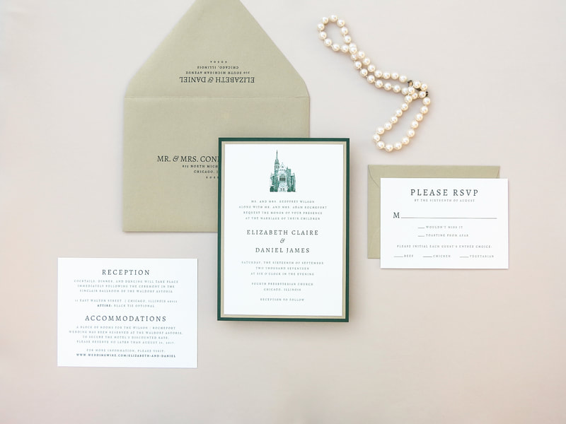 elegant and formal church illustration wedding invitation in ivory, gold, and forest / emerald green - fourth presbyterian church - chicago