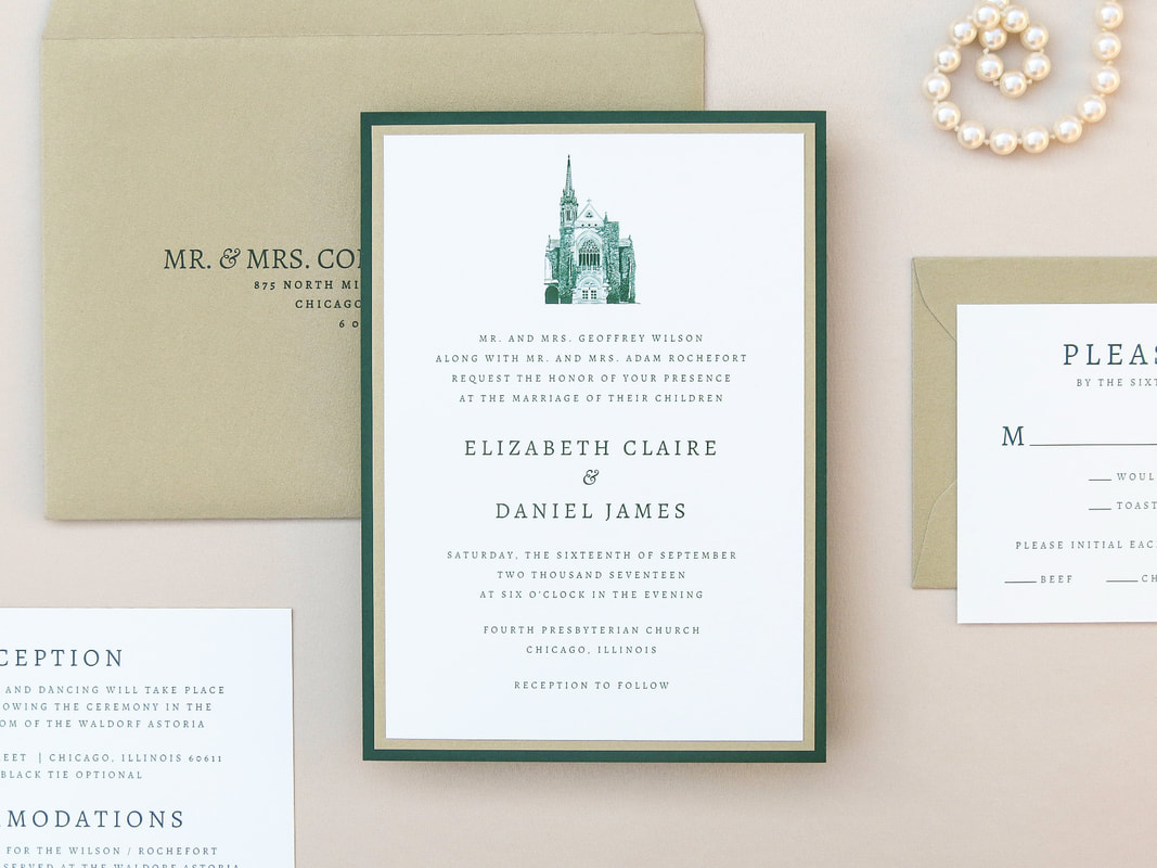 Elegant Formal Layered Wedding Invitation Fourth Presbyterian Church Chicago with Church Venue Illustration - Shown in Ivory, Forest  Emerald Hunter Green, and Gold Leaf