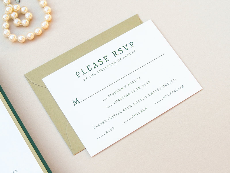 elegant and formal church illustration wedding invitation in ivory, gold, and forest / emerald green - fourth presbyterian church - chicago