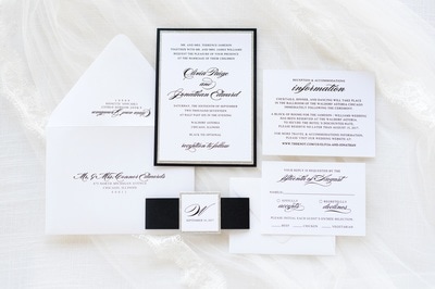 elegant & formal wedding invitation in white, silver glitter, and black with belly band and layered monogram square - chicago wedding invitations