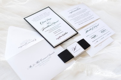 elegant & formal wedding invitation in white, silver glitter, and black with belly band and layered monogram square - chicago wedding invitations