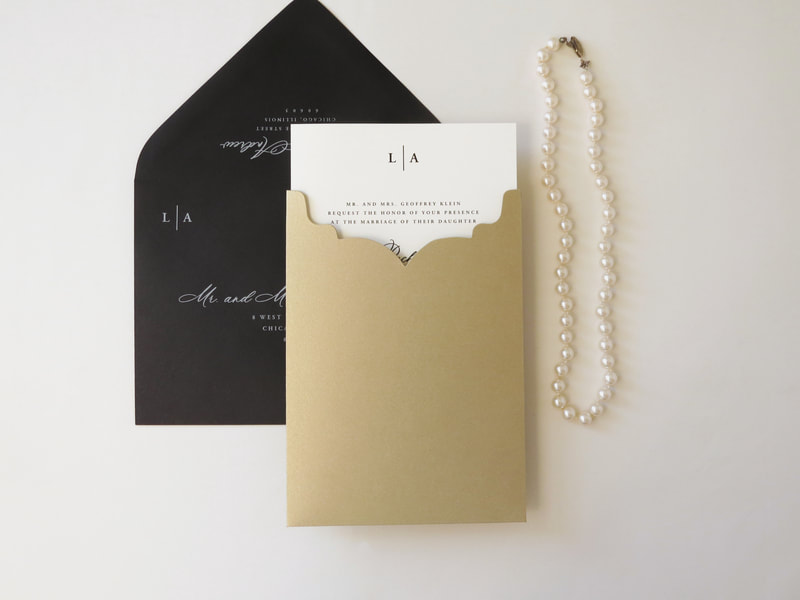 Formal Luxury Elegant Wedding Invitation Ornate Pocket Ornamental Brocade Baroque Invitation - Black Ivory Gold Leaf - Romantic Calligraphy Script