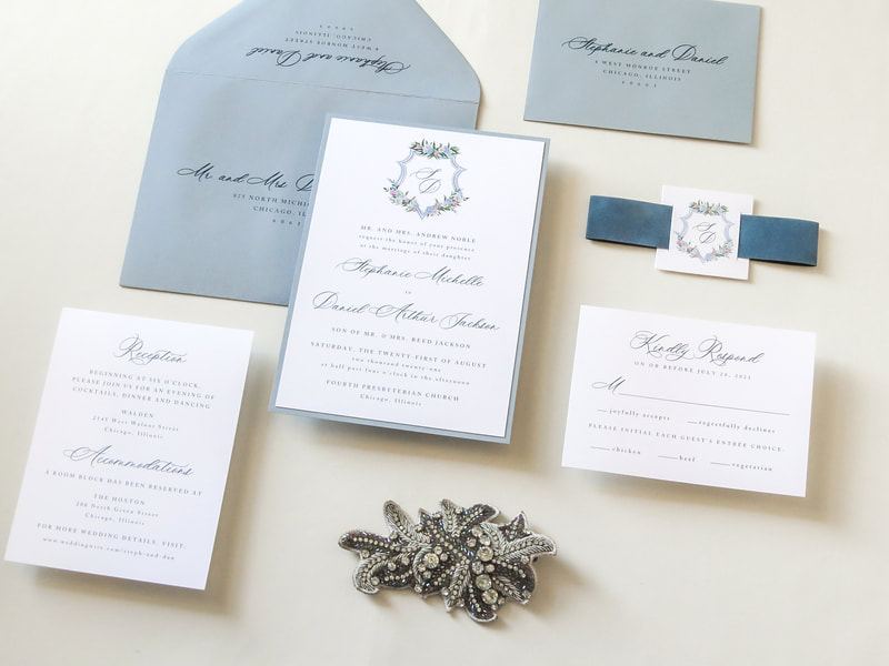 Elegant & Formal Wedding Invitation with Velvet Paper Belly Band and Watercolor Floral Monogram Crest - Southern Style Invite - Shown in White, Dusty Blue, and French Blue