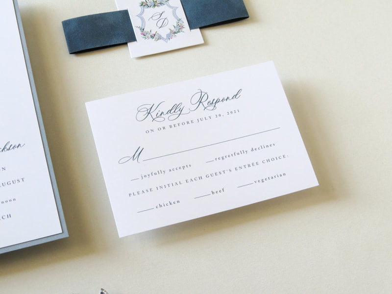 Elegant & Formal Wedding Invitation with Velvet Paper Belly Band and Watercolor Floral Monogram Crest - Southern Style Invite - Shown in White, Dusty Blue, and French Blue
