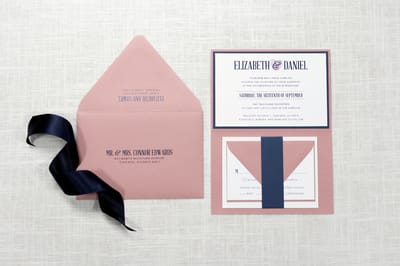 elegant, modern, and formal layered folding wedding invitation with thumbprint heart monogram design in white, dusty rose, and navy blue with belly band - chicago wedding invitations