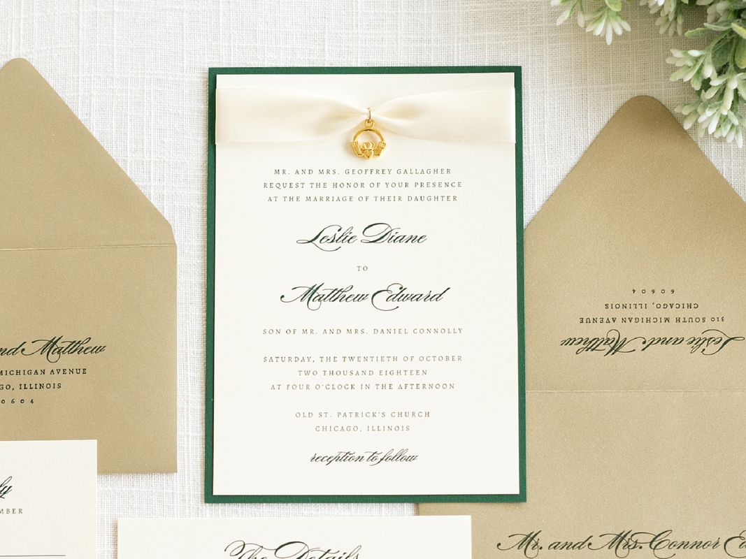 elegant & formal irish wedding invitation with satin ribbon and claddagh embellishment - celtic,  claddagh, irish wedding