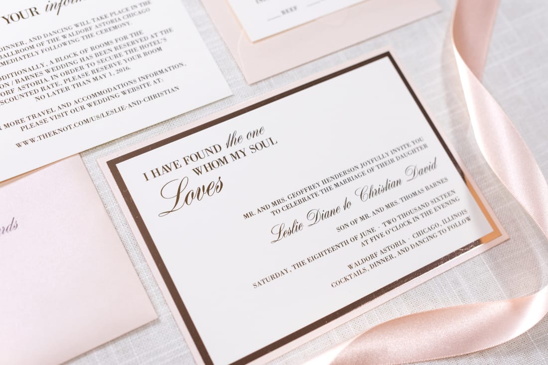 rose gold foil, ivory, gold, and blush shimmer wedding invitation with foil printing