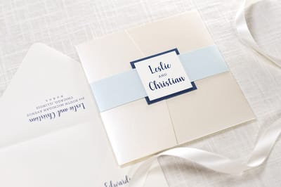 elegant, formal, and modern square pocket fold wedding invitation in ivory, champagne / opal shimmer, aqua, and navy with belly band and monogram square - chicago wedding invitations