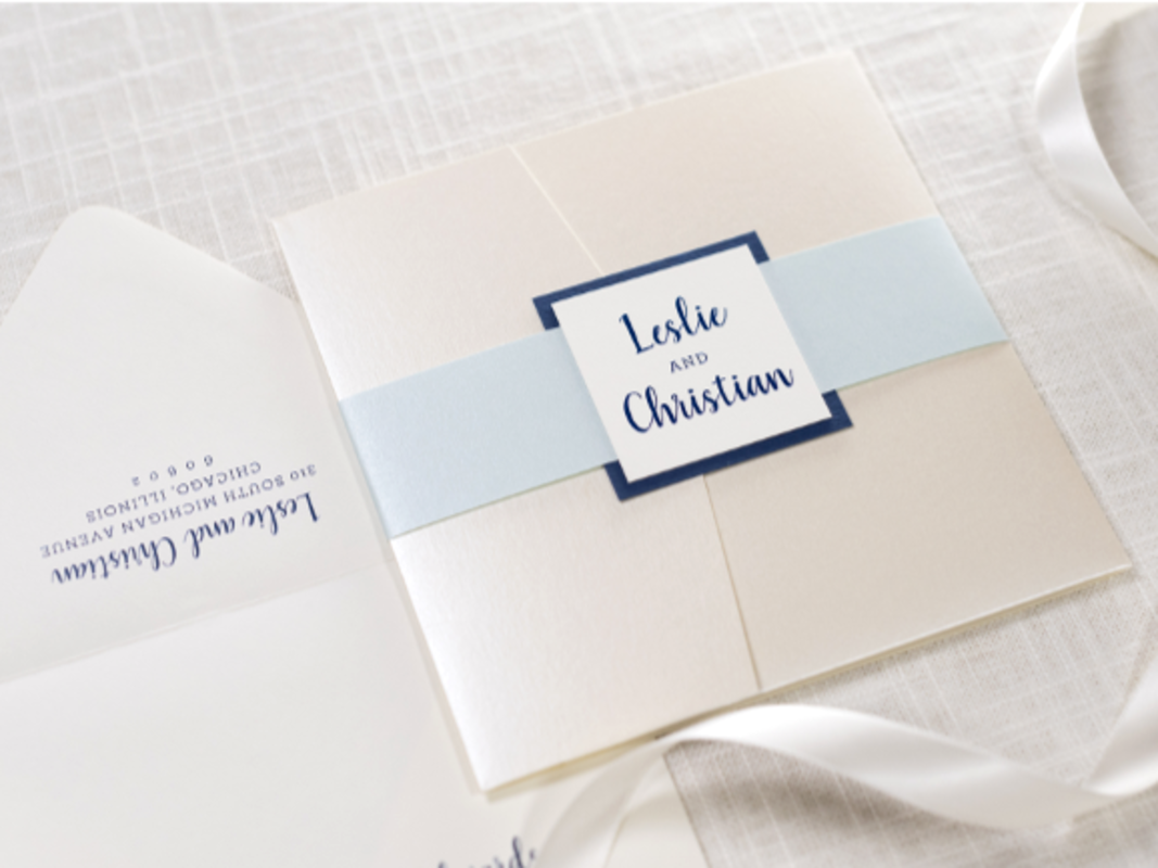 ELEGANT, FORMAL, AND MODERN SQUARE POCKET FOLD WEDDING INVITATION IN IVORY, CHAMPAGNE OPAL SHIMMER, AQUA, AND NAVY WITH BELLY BAND AND MONOGRAM SQUARE