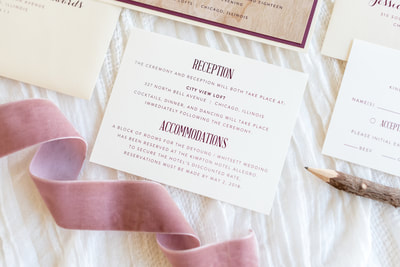 real cherry wood wedding invitation layered with opal / champagne shimmer and burgundy - rustic, barn, wood