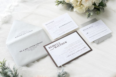 elegant & formal silver foil ornate and formal wedding invitation in white, burgundy / merlot, and silver shimmer with filigree / damask design - chicago wedding invitations