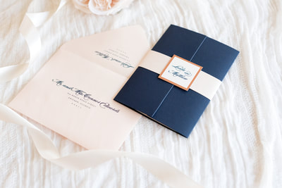 elegant & formal wedding invitation in navy blue, blush shimmer, rose gold foil, and ivory with gatefold and belly band monogram square