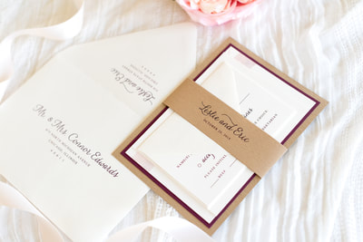 real cherry wood wedding invitation layered with opal / champagne shimmer and burgundy - rustic, barn, wood