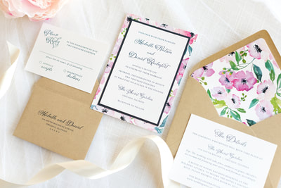 floral layered wedding invitation in white, navy blue, kraft paper with spring/summer botanical print - elegant & formal garden wedding