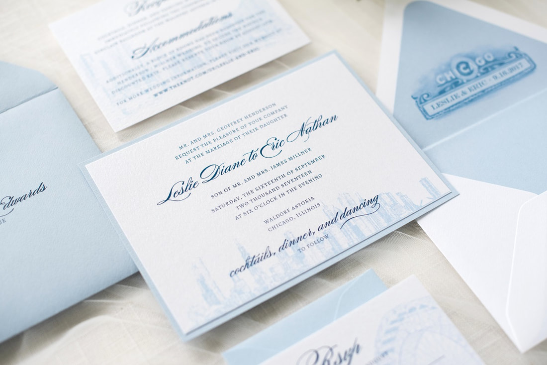 chicago skyline elegant and formal wedding invitation with chicago theatre marquee - pale blue, serenity blue, white, and quartz shimmer wedding invitation suite