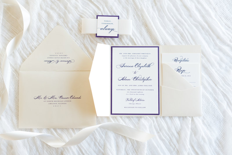 elegant & formal pocketfold wedding invitation with satin ribbon belly band - opal / champagne shimmer, plum, and ivory invitation suite