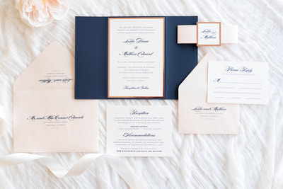 elegant & formal wedding invitation in navy blue, blush shimmer, rose gold foil, and ivory with gatefold and belly band