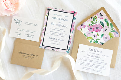 floral layered wedding invitation in white, navy blue, kraft paper with spring/summer botanical print - elegant & formal garden wedding