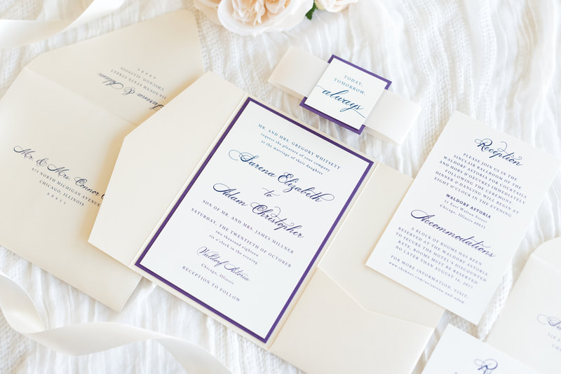 elegant & formal pocketfold wedding invitation with satin ribbon belly band - opal / champagne shimmer, plum, and ivory invitation suite