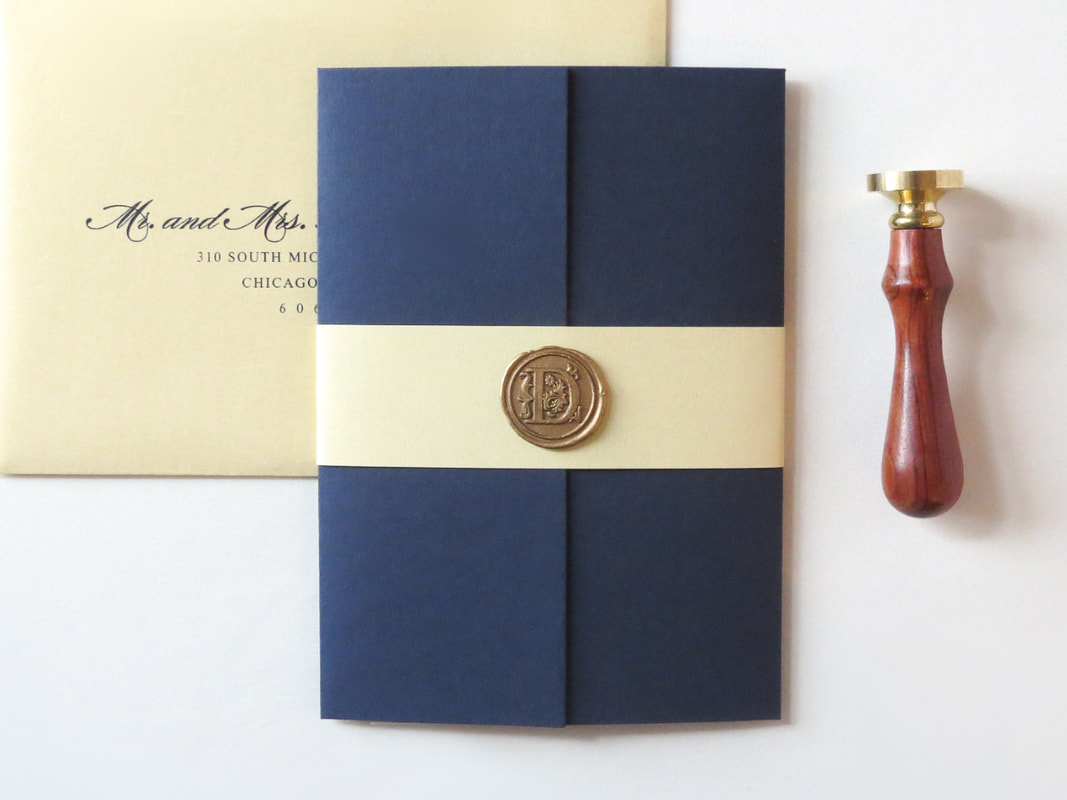Elegant Formal Layered Gatefold Wedding Invitation with Paper Belly Band and Wax Seal Embellishment - Shown in Ivory, Night Navy Blue, Gold Shimmer, and Gold Wax Seal
