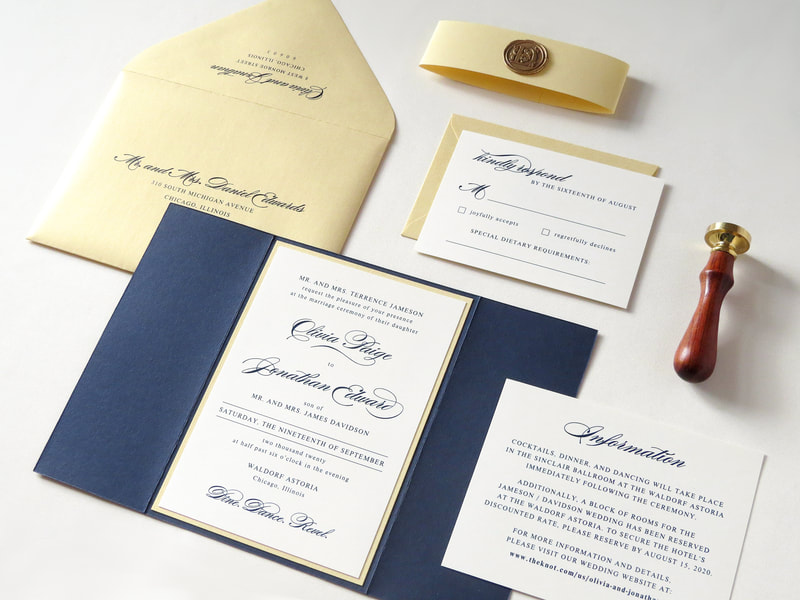 elegant & formal layered gatefold wedding invitation in navy blue, gold shimmer, & ivory with belly band and gold wax seal - chicago wedding invitations