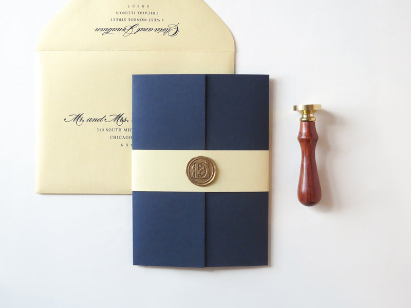 elegant & formal layered gatefold wedding invitation in navy blue, gold shimmer, & ivory with belly band and gold wax seal - chicago wedding invitations