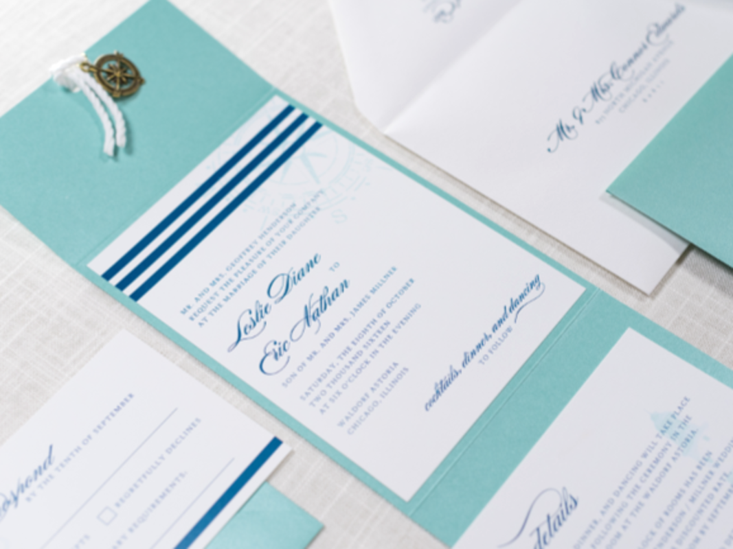 ELEGANT AND FORMAL NAUTICAL COMPASS CHARM AND ROPE POCKET FOLD WEDDING INVITATION IN WHITE AND TEAL TIFFANY BLUE, AND NAVY BLUE
