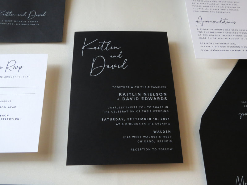 Modern Black and White Elegant Wedding Invitation Belly Band White Ink Printing on Black - Classic Simple Minimalist Walden Chicago