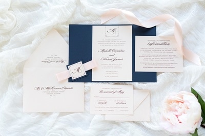 elegant & formal layered gatefold wedding invitation in navy blue, blush shimmer with a satin ribbon belly band and monogram square - chicago wedding invitations