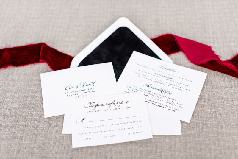 elegant & formal wedding invitation with black velvet bow tie belly band and black velvet envelope liner - black and white letterpress invitation