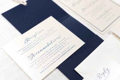 elegant and formal nautical anchor charm and rope pocket fold wedding invitation in navy, ivory, and opal / champagne shimmer - chicago wedding invitations