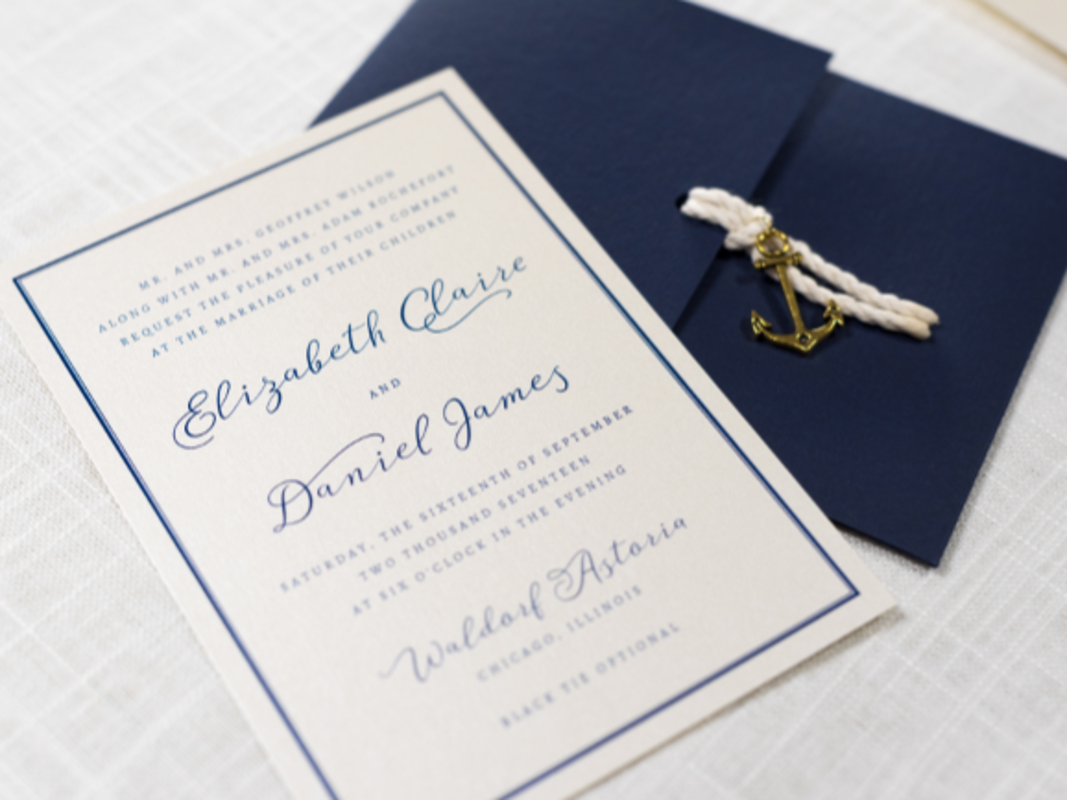 Elegant and Formal Nautical Anchor Charm and Rope Pocketfold Wedding Invitation - Navy Blue, Ivory, and Opal Champagne Shimmer