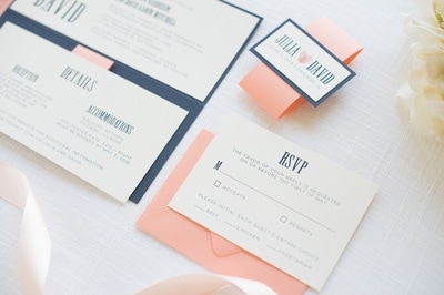 modern and elegant rectangle folding wedding invitation in navy blue, coral, and ivory with thumbprint heart monogram design and belly band - chicago wedding invitations