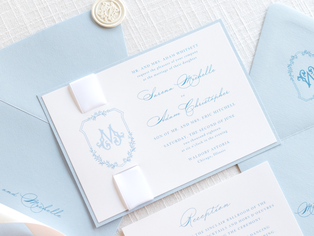 Elegant and Formal Monogram Crest Wedding Invitation with Satin Ribbon and Wax Seal Embellishment in White, Pale Blue, French Dusty Blue