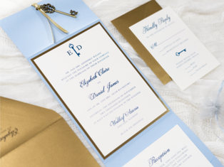ELEGANT AND FORMAL PALE BLUE, ANTIQUE GOLD, AND IVORY POCKET FOLD WEDDING INVITATION WITH VINTAGE KEY CHARM - PALE, SERENITY BLUE, IVORY, ANTIQUE GOLD, AND GOLD FOIL