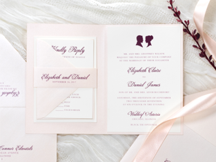 ELEGANT AND FORMAL FOLDING BLUSH AND OPAL SHIMMER WEDDING INVITATION WITH CAMEO SILHOUETTE WAX SEAL AND BELLY BAND